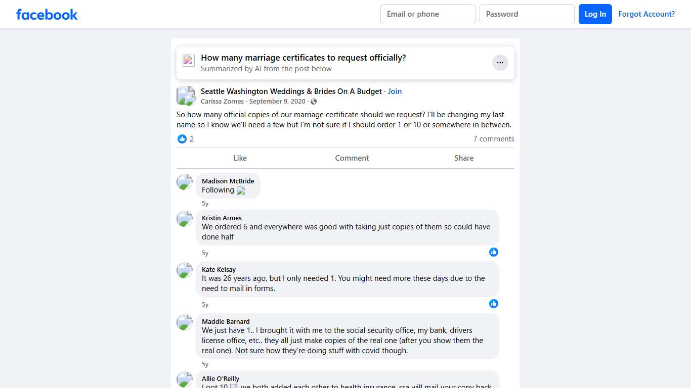 Seattle Washington Weddings & Brides On A Budget So how many official copies of our marriage certificate should we request Facebook